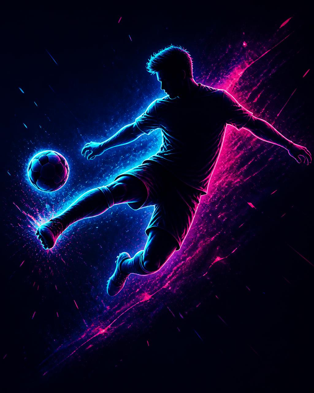 Neon silhouette of a footballer striking a ball
